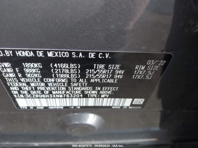 3CZRU6H3XNM763204 Honda Hr-v Awd Lx