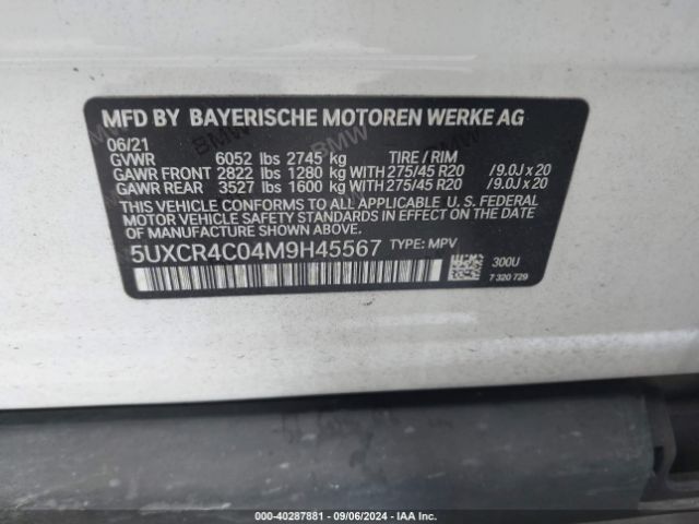5UXCR4C04M9H45567 BMW X5 Sdrive40i
