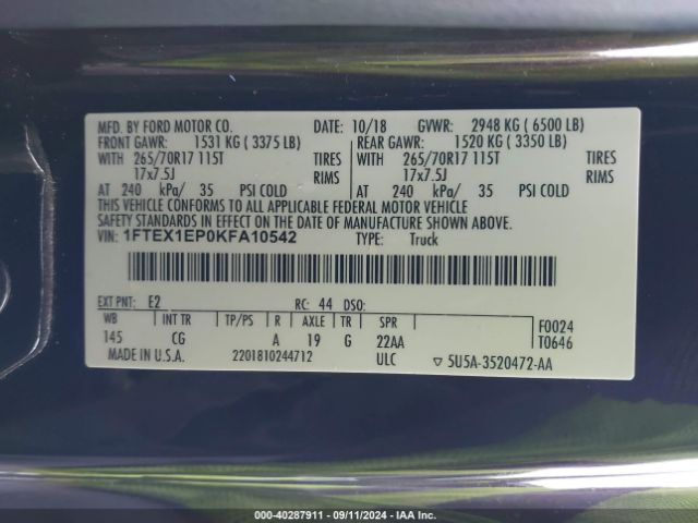 1FTEX1EP0KFA10542 Ford F-150 Xl