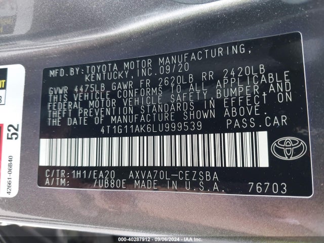 Toyota CAMRY SE 2020 4T1G11AK6LU999539 Image 9