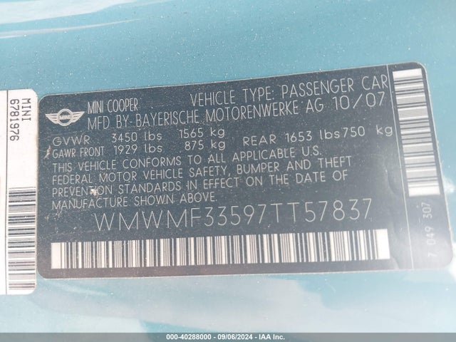 2007 MINI COOPER WMWMF33597TT57837 Photo 8