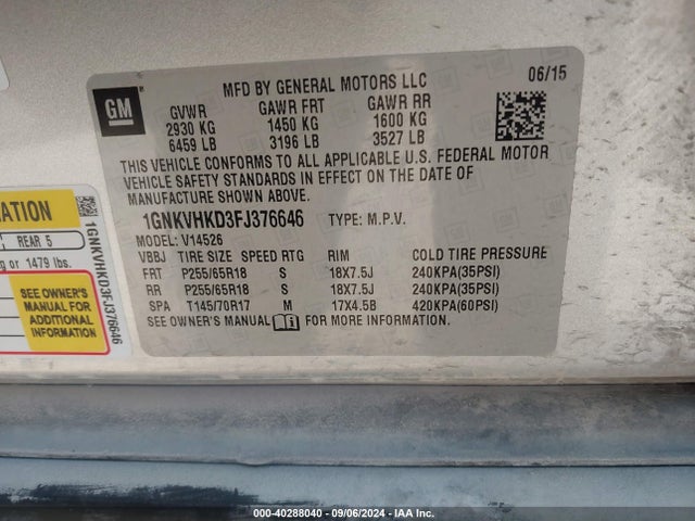 Chevrolet Traverse 2lt 2015 1GNKVHKD3FJ376646 Image 9
