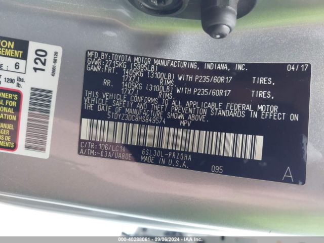 5TDYZ3DC8HS849574 Toyota Sienna Xle Premium 8 Passenger