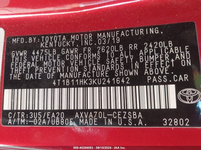 Toyota CAMRY SE 2019 4T1B11HK3KU241642 Image 9