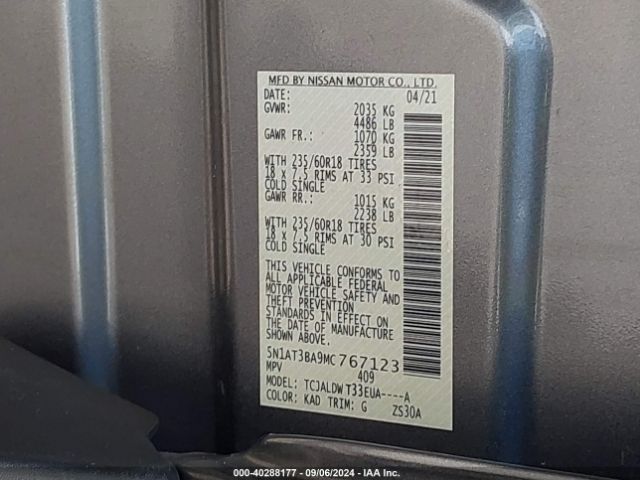 5N1AT3BA9MC767123 Nissan Rogue Sv Fwd