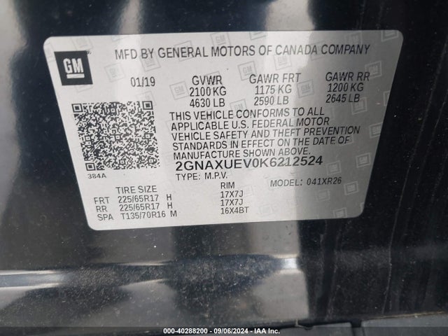 2GNAXUEV0K6212524 Chevrolet EQUINOX LT