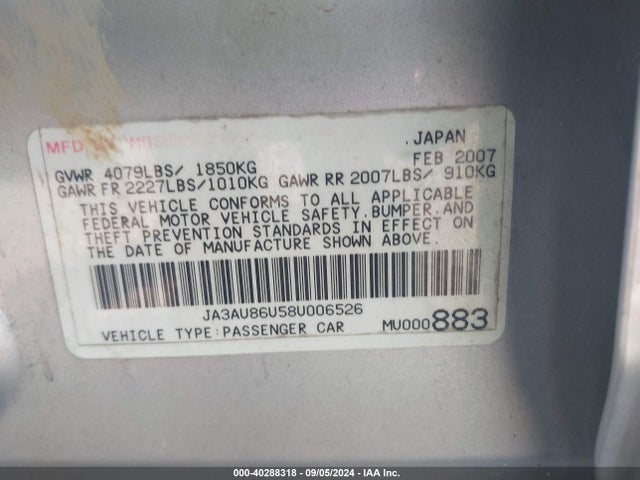 2008 MITSUBISHI LANCER JA3AU86U58U006526 Photo 8