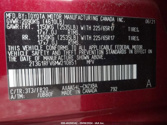 2T3G1RFV6MW210851 Toyota RAV4 LE
