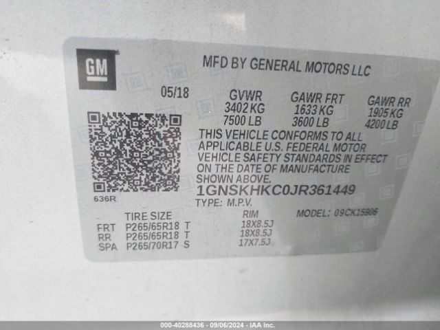 1GNSKHKC0JR361449 Chevrolet Suburban Lt