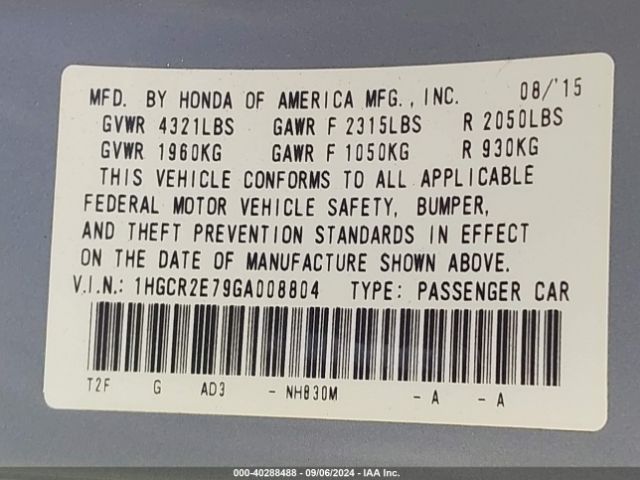 1HGCR2E79GA008804 Honda ACCORD EX