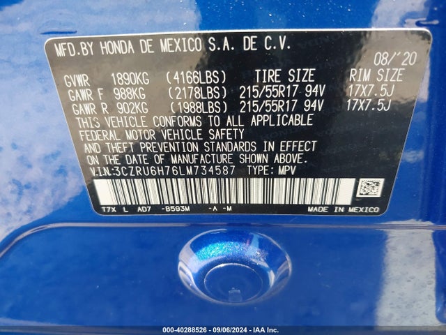 Honda Hr-v Awd Ex-l 2020 3CZRU6H76LM734587 Image 9