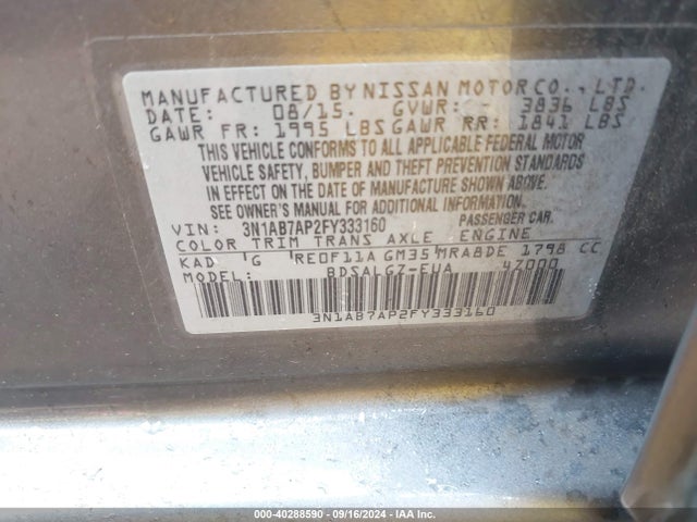 Nissan SENTRA SL 2015 3N1AB7AP2FY333160 Image 9