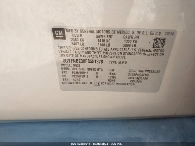 3GYFNBE38FS551878 Cadillac Srx Luxury Collection