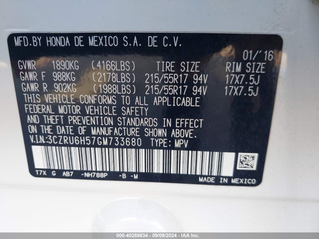 Honda HR-V EX 2016 3CZRU6H57GM733680 Image 9