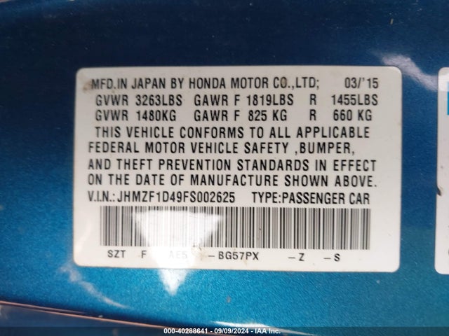 Honda CR-Z 2015 JHMZF1D49FS002625 Image 9