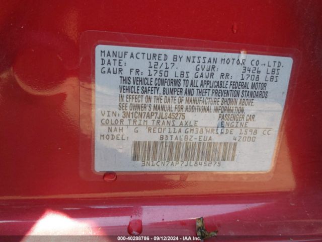 3N1CN7AP7JL845275 Nissan Versa 1.6 Sv
