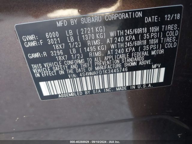 4S4WMAFD1K3445746 Subaru Ascent Premium