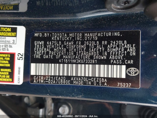 Toyota CAMRY SE 2019 4T1B11HK3KU733281 Image 9