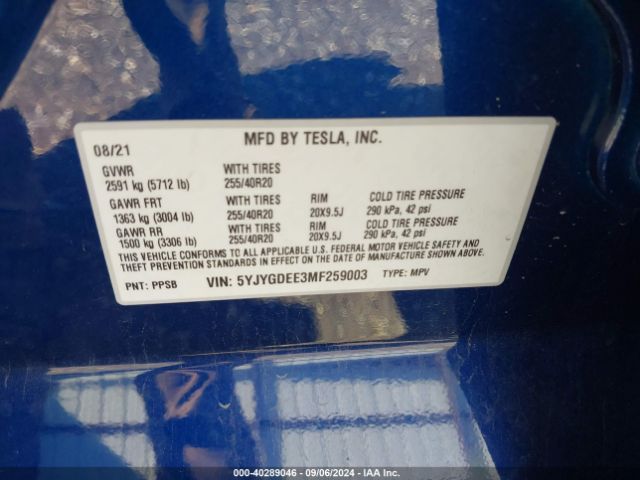 5YJYGDEE3MF259003 Tesla Model Y Long Range Dual Motor All-wheel Drive