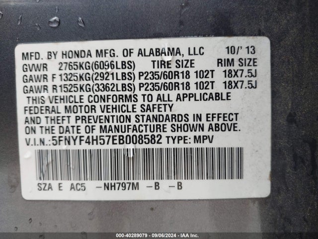 Honda Pilot Ex-l 2014 5FNYF4H57EB008582 Image 9