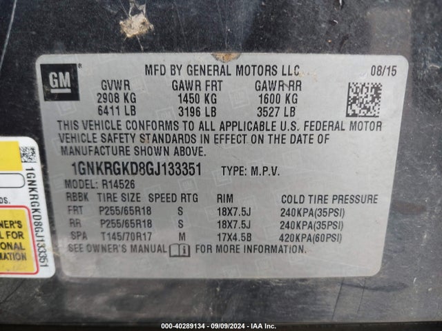 Chevrolet Traverse 1lt 2016 1GNKRGKD8GJ133351 Image 9
