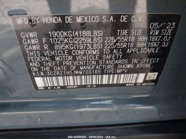 3CZRZ1H53RM700165 Honda Hr-v 2wd Sport/2wd Sport W/o Bsi