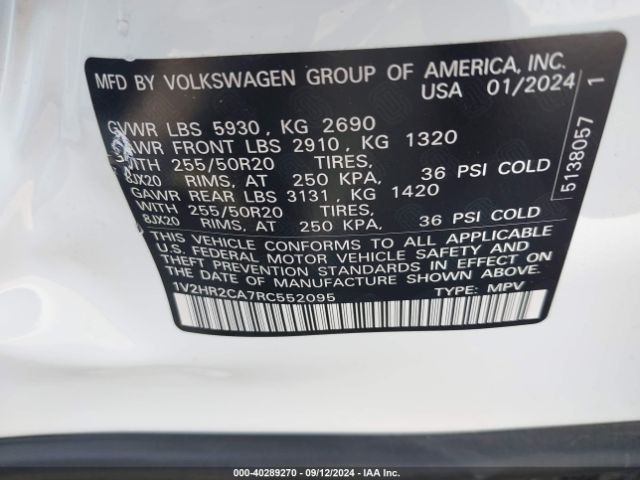 1V2HR2CA7RC552095 Volkswagen Atlas 2.0t Se W/technology