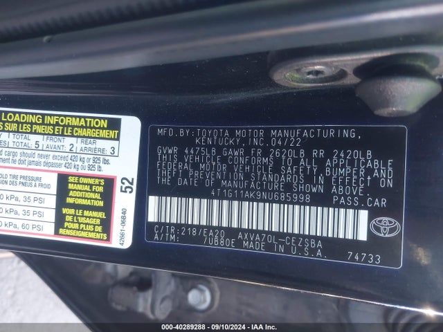 Toyota CAMRY SE 2022 4T1G11AK9NU685998 Image 9
