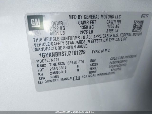 1GYKNBRS7JZ101229 Cadillac Xt5 Standard