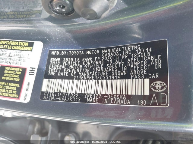 Toyota Corolla S Plus 2015 2T1BURHE1FC331914 Image 9
