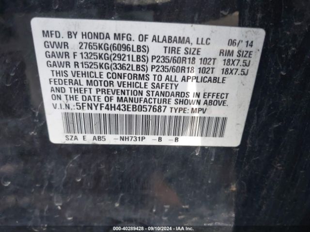 5FNYF4H43EB057687 Honda Pilot Ex