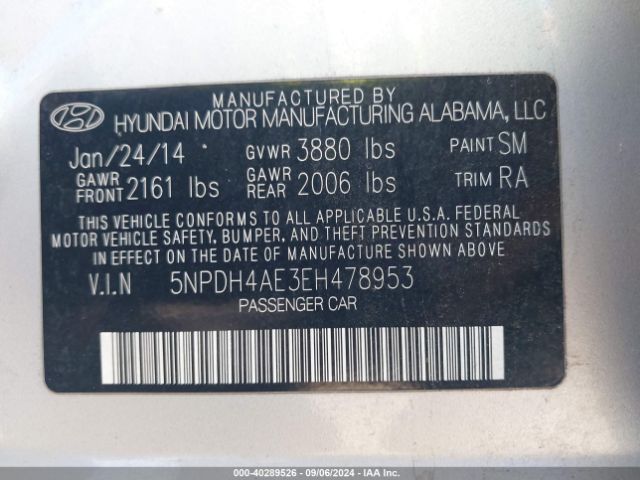 5NPDH4AE3EH478953 Hyundai ELANTRA SE