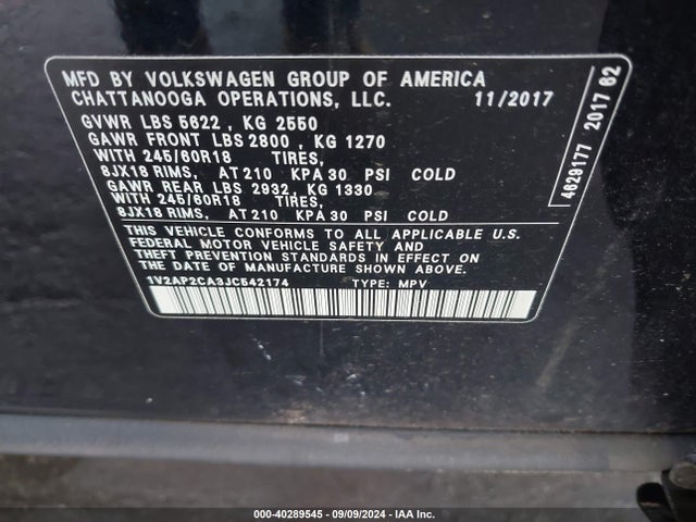 1V2AP2CA3JC542174 Volkswagen Atlas 2.0t S