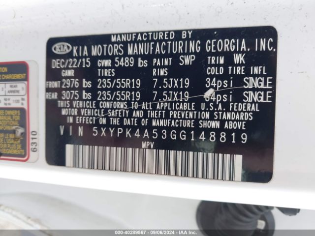 5XYPK4A53GG148819 KIA Sorento 3.3l Sxl