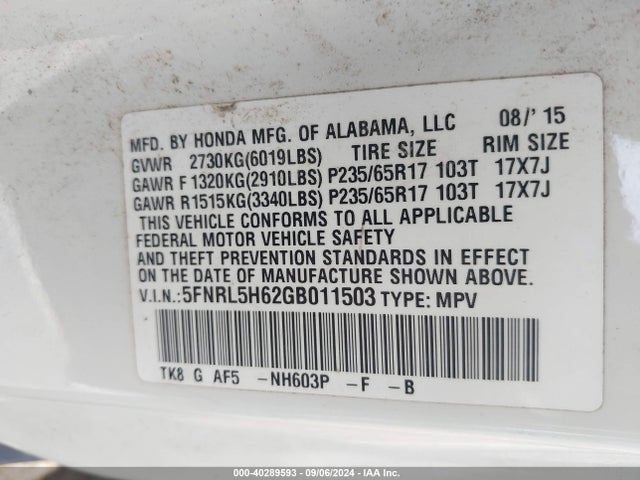 Honda Odyssey Ex-l 2016 5FNRL5H62GB011503 Image 9