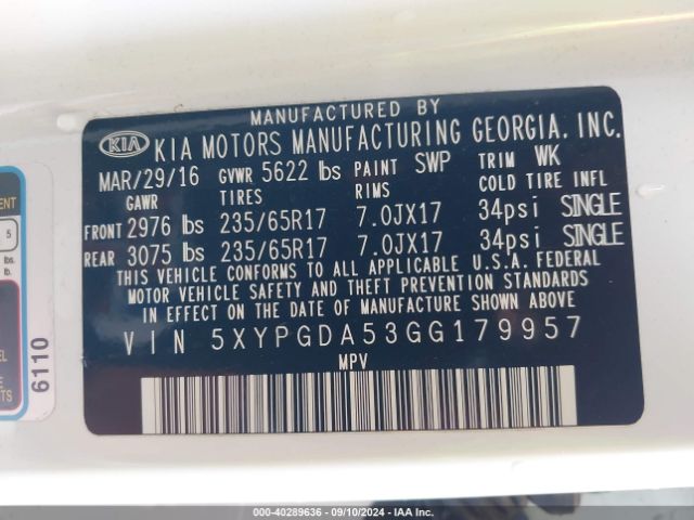 5XYPGDA53GG179957 KIA Sorento 3.3l Lx