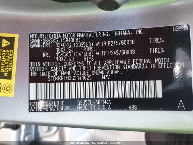 Toyota Highlander Xle V6 2016 5TDKKRFH3GS141625 Image 9