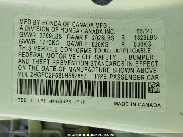 Honda Civic Lx 2020 2HGFC2F68LH552887 Image 9