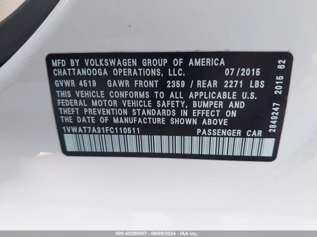 1VWAT7A31FC110511 Volkswagen Passat 1.8t Limited Edition