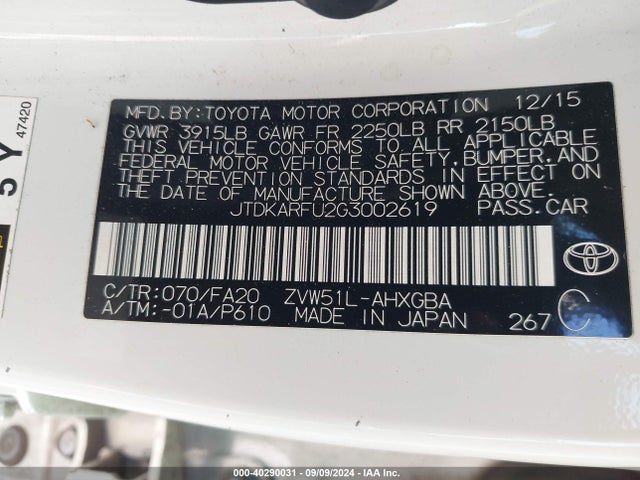 JTDKARFU2G3002619 Toyota Prius Three