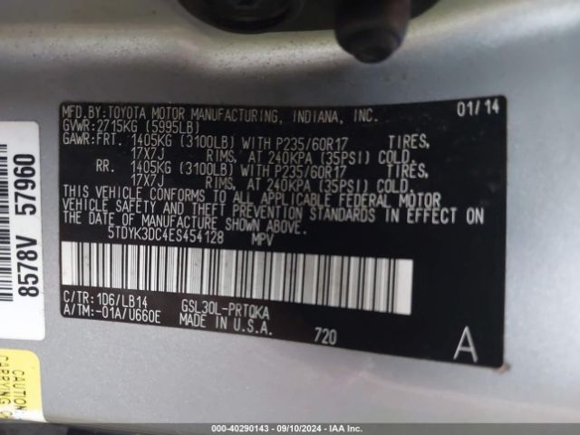 5TDYK3DC4ES454128 Toyota Sienna Xle V6 8 Passenger