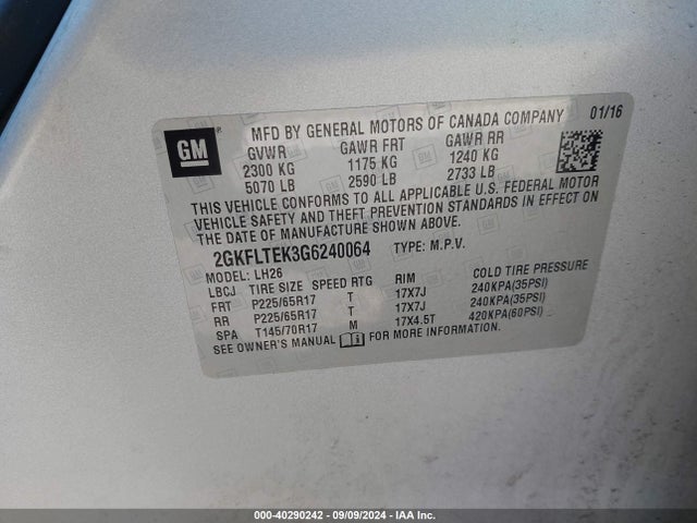 GMC Terrain Sle-2 2016 2GKFLTEK3G6240064 Image 9