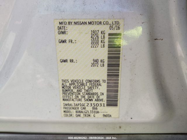1N4AL3AP1GC235031 Nissan Altima 2.5/2.5 S/2.5 Sl/2.5 Sr/2.5 Sv