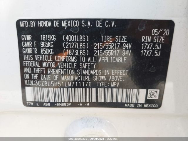 3CZRU5H51LM711176 Honda Hr-v 2wd Ex