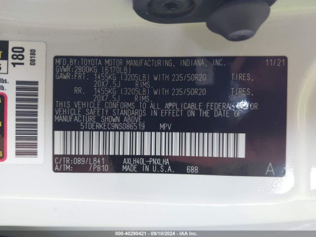 5TDERKEC9NS086519 Toyota Sienna Platinum