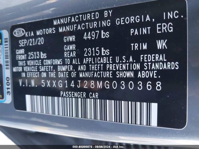 2021 Kia K5 Lxs მანქანა იყიდება აუქციონზე, vin: 5XXG14J28MG030368, აუქციონის ნომერი: 40290470