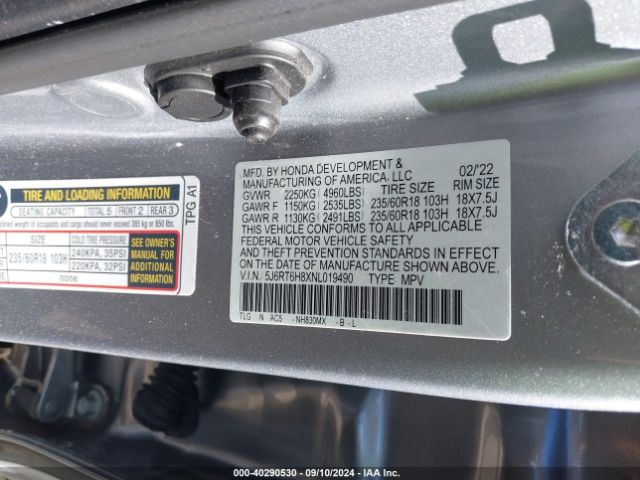 5J6RT6H8XNL019490 Honda Cr-v Hybrid Ex-l