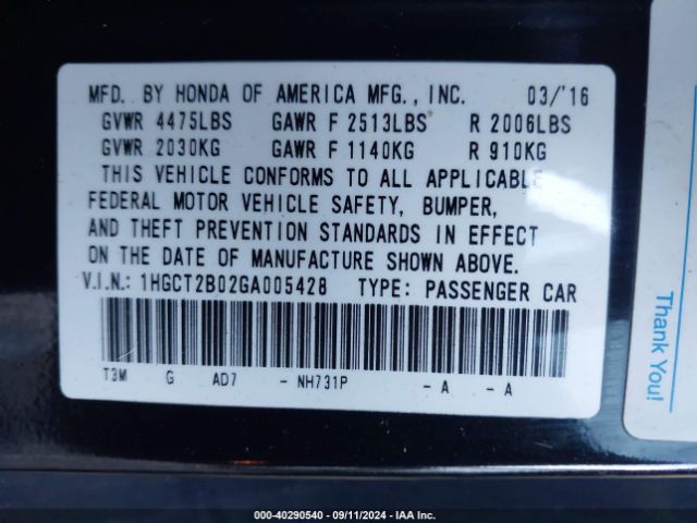 1HGCT2B02GA005428 Honda Accord Touring