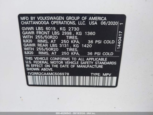 1V2RR2CA4MC506978 Volkswagen Atlas 3.6l V6 Se W/technology R-line