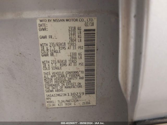 5N1AZ2MG2JN130259 Nissan MURANO S